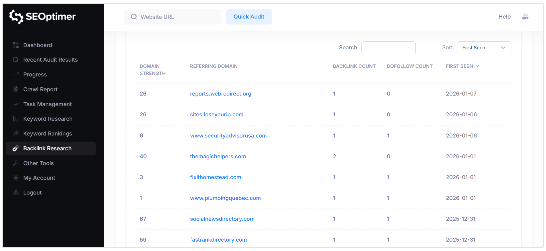 Páginas de referencia en la herramienta de investigación de backlinks de SEOptimer
